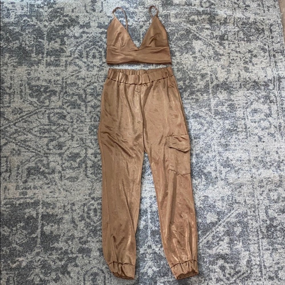 Zara Bronze Silk Cargo Pant Bralette Set